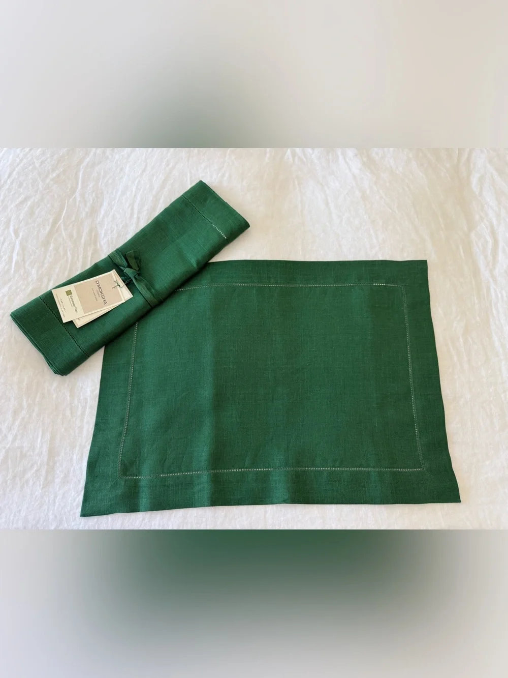 D'Moksha Homes | Set Of 4 Green European Flax Linen Placemats Napkins | NWT